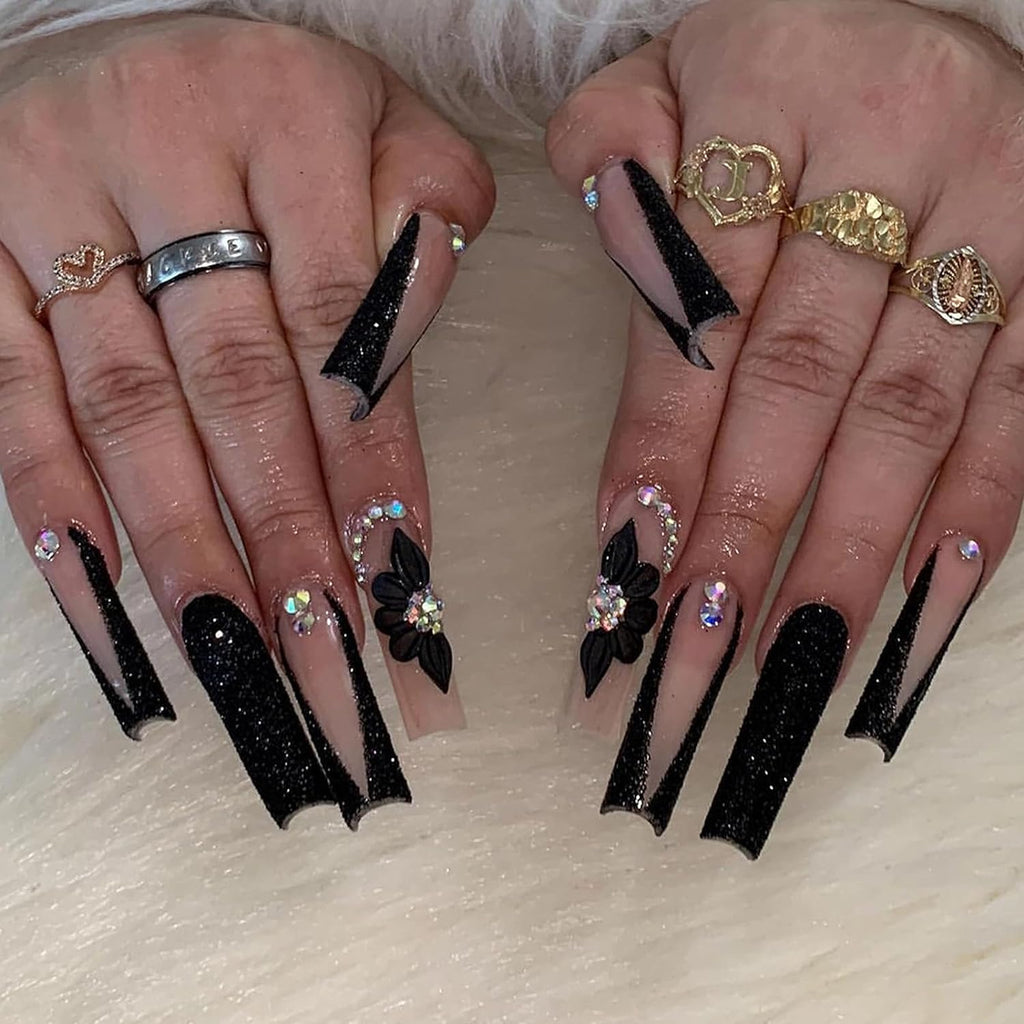 Press on Nails - Long Square Glue on Nails with Black French Tip, Acrylic Flower Rhinestone Design 24 Pcs